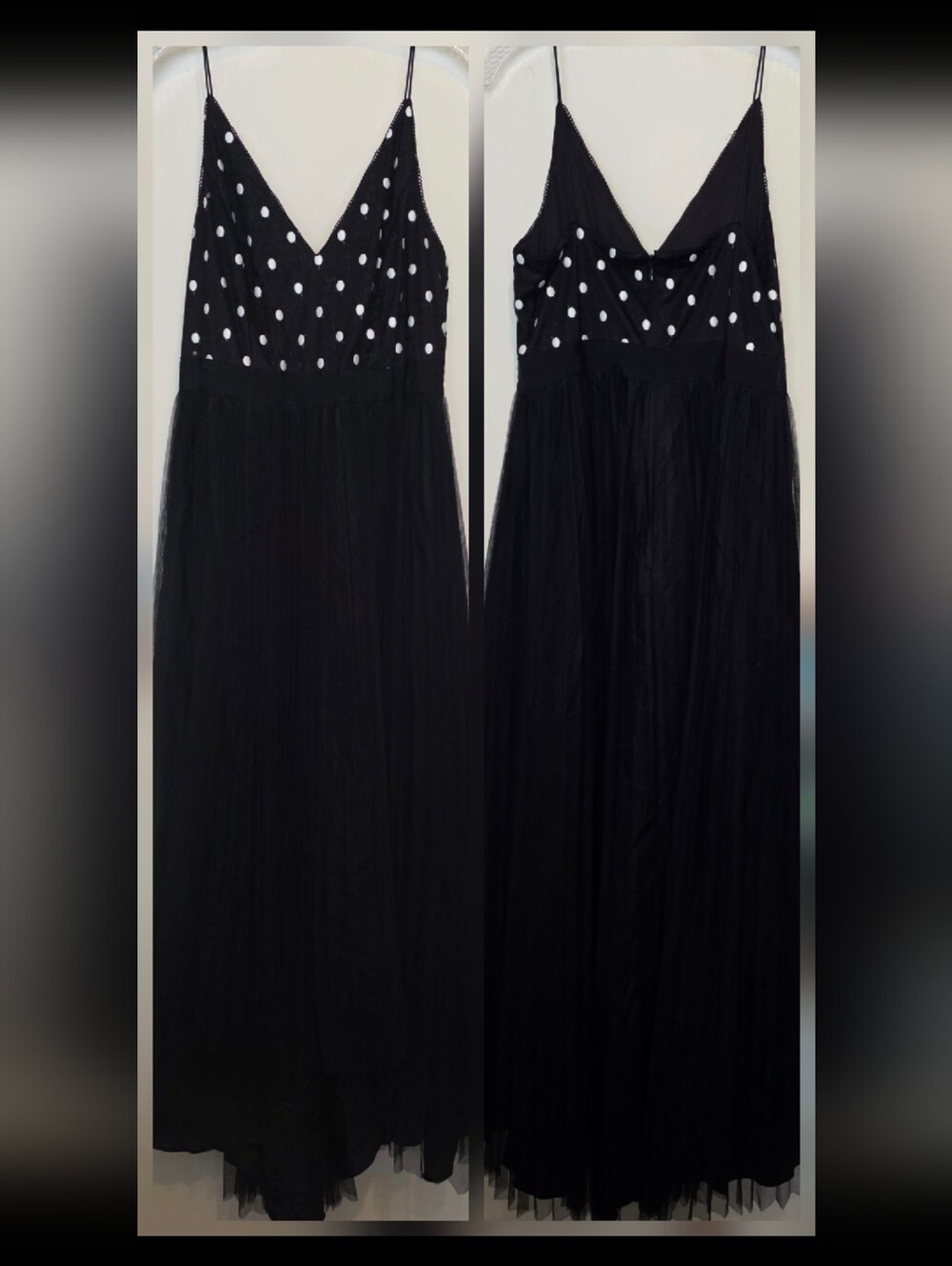 Adrianna Papell Black White Polka Dot V-Neck Mesh Maxi Dress Spaghetti 14P